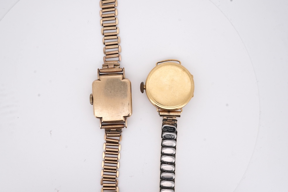 A lady's 1950's 9ct gold Tudor manual wind wrist watch, with Arabic dial, case diameter 18mm, on a damaged 9ct gold bracelet, gross weight 18.6 grams, together with a lady's 18ct gold Buren manual wind wrist watch, on a